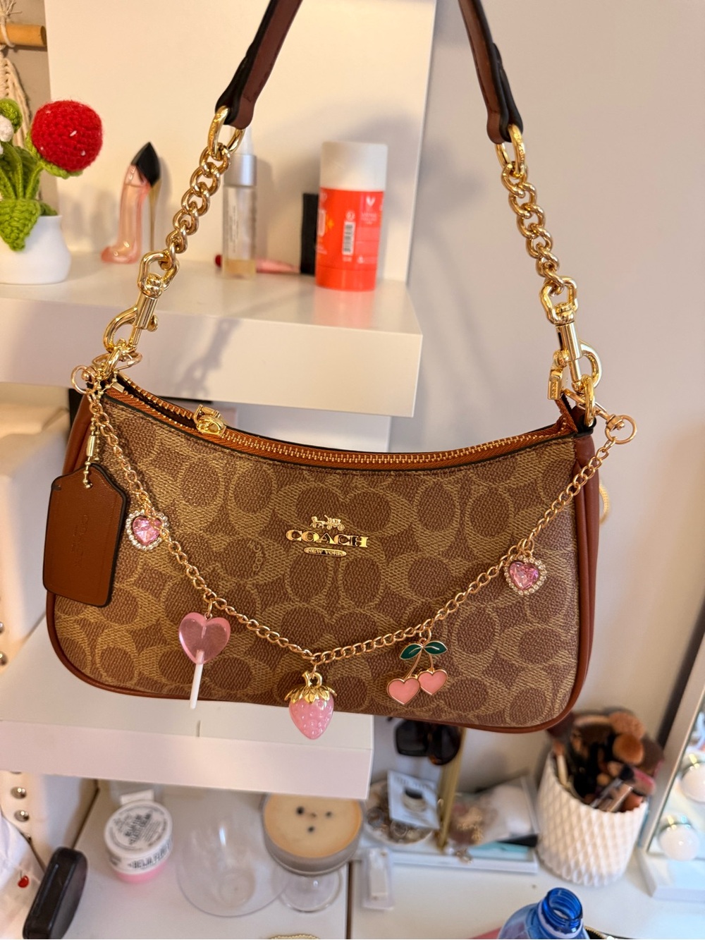 Coach Brown Shoulder Bag with Pink Charm included
